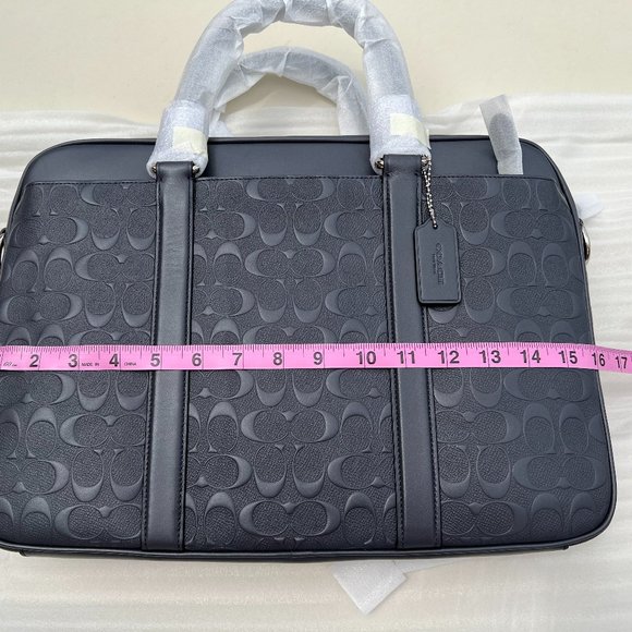 Coach NWT Logo Leather Midnight Navy SLIM Brief Case with Crossbody Strap - Picture 10 of 11